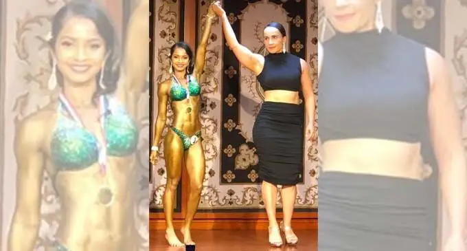 Miss Fiji Komal Raj (left) with Liz Maki during the 2019 Mr Fiji bodbuilding competition at Civic Centre in Suva  on December 7, 2019. Photo: Fiji Bodybuilding and Fitness Federation
