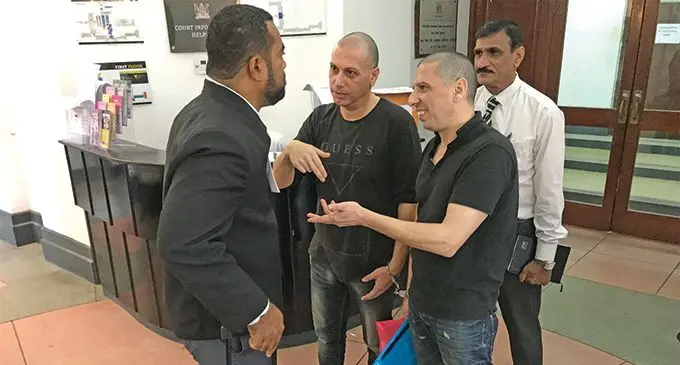 Loizos Petridis and Cleanthis Petridis with their lawyer Filimoni Vosarogo, outside High Court in Suva on June 25, 2019. Photo: Ashna Kumar