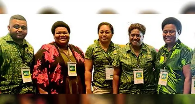 Fiji Sun’s human resources coordinator, Timaima Nakauyaca (far right) with members of the Fiji Human Resources Institute at the BSP Life 2023 FHRI Convention, at Sofitel Fiji Resort and Spa. Photo: Waisea Nasokia