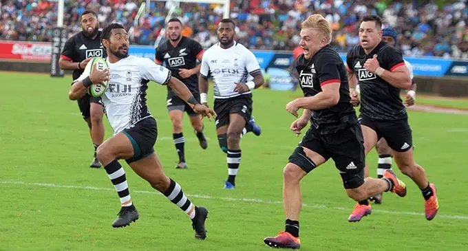 Flying Fijians half-back Henry Seniloli evades Maori All Blacks flanker Mitch Karpik's chase during test match at ANZ Stadium on July 13, 2019.Photo: Ronald Kumar.