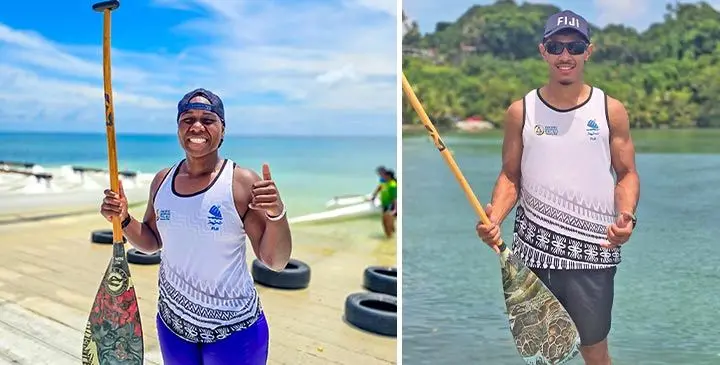 Elenoa Vateitei won silver in the V1 500m open women’s final race and Raymond Rusivakula won bronze in the V1 500m open men’s final race in Palau on June 30, 2025. Photo: Team Fiji/Anushil Kumar
