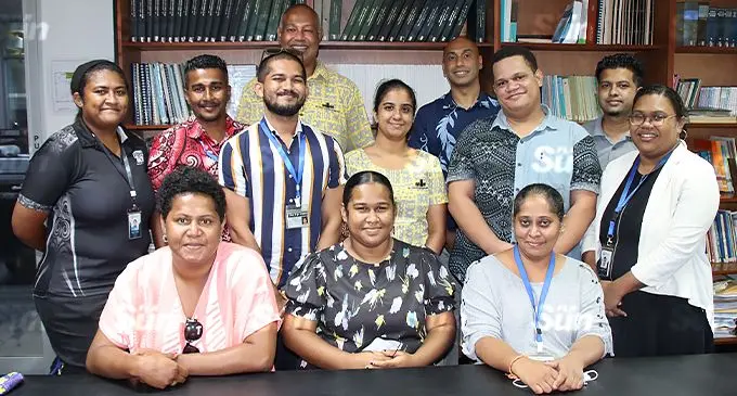 Fiji Commerce and Employers Federation (FCEF) chief executive officer Kameli Batiweti (standing third row: left) and FCEF President Vinay Narsey. (standing third row: right) with media personnels on December 13, 2021