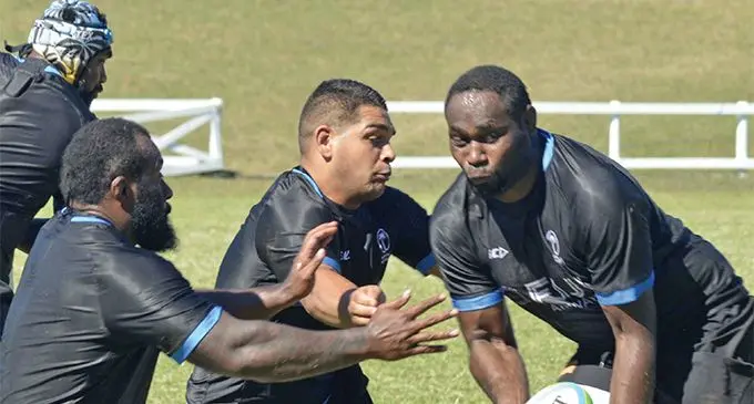 Fiji Airways Flying Fijians (left-right) prop Peni Ravai, livewire hooker Sam Matavesi and lock Api Ratuniyarawa during training at Lawaqa Park, Sigatoka on July 3, 2019. Photo: Waisea Nasokia