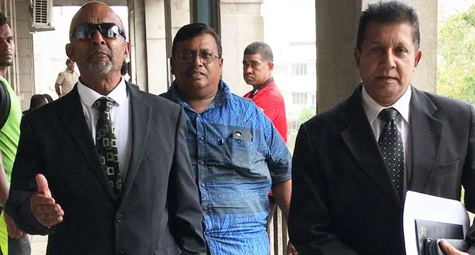 Haroon Ali Shah (left) and lawyer Abhay Singh outside the High Court in Suva on August 14, 2020.  Photo: Ashna Kumar