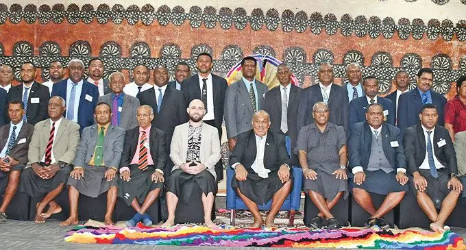 Minister for Itaukei Affairs Iferemi Vasu (eighth from left), and Minister for Justice, Siromi Turaga (ninth from left), with Lomaiviti Provicial Council chairman Ratu Etuweni Caucau and members during the Lomaiviti Provincial Council meeting in Suva on June 20, 2024. Photo: Ronald Kumar