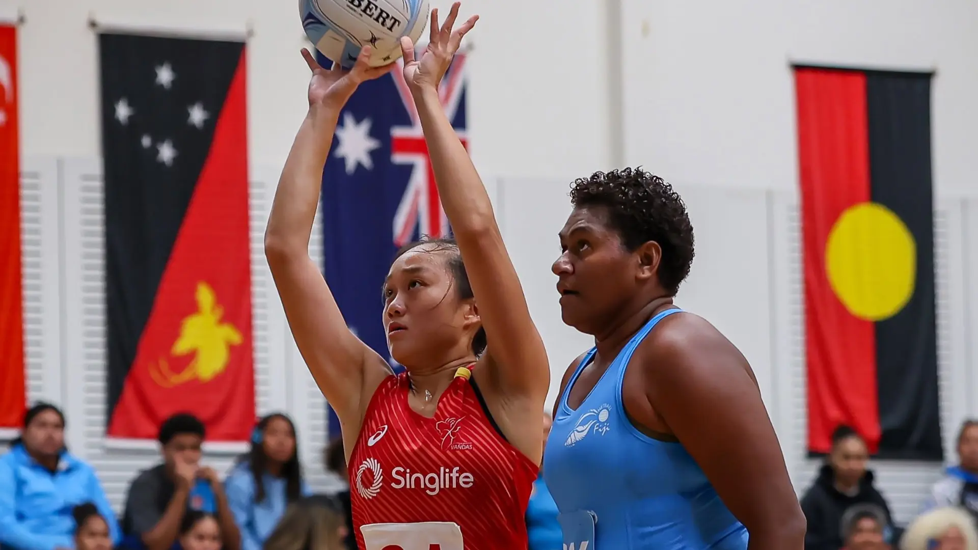 Crest Fiji Pearls (GK) Alisi Naqiri defends against Singapore Vandas during the inaugural Spirit Series at the Netball Central in Paramatta, Sydney, Australia on July 8, 2026.