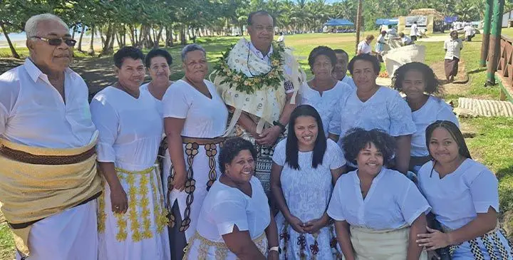 Tui Nayau Ratu Tevita Uluilakeba Mara with men and women of Narocivo Village in Nayau after the traditional ceremonies of installation on July 8, 2025.