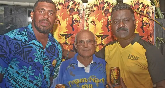 Form left: Former Fiji Airways 7s skipper Kalione Nasoko, Nadi Chamber of Commerce and Industry president Dr Ram Raju and Lyceum Global Trading (Fiji) Director Peter Narayan during the Lion Beer launch at the Ice Bar in Nadi on April 18, 2019 Photo: Waisea Nasokia