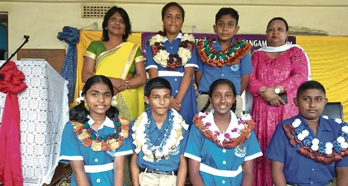 Back row from left: Lautoka Andhra Sangam School Head Teacher, Anjili Ratnam, head girl, Maca Valentine, Head Boy, Ritvik Rajan and Lautoka Andhra Sangam College principal, Aruna Singh. Front row from left: Deputy head girl, Lorisha Reddy, deputy head boy, Ashvir Singh, deputy head girl, Rishita Pal and dheputy head boy, Aryan Prasad. Photo: Salote Qalubau