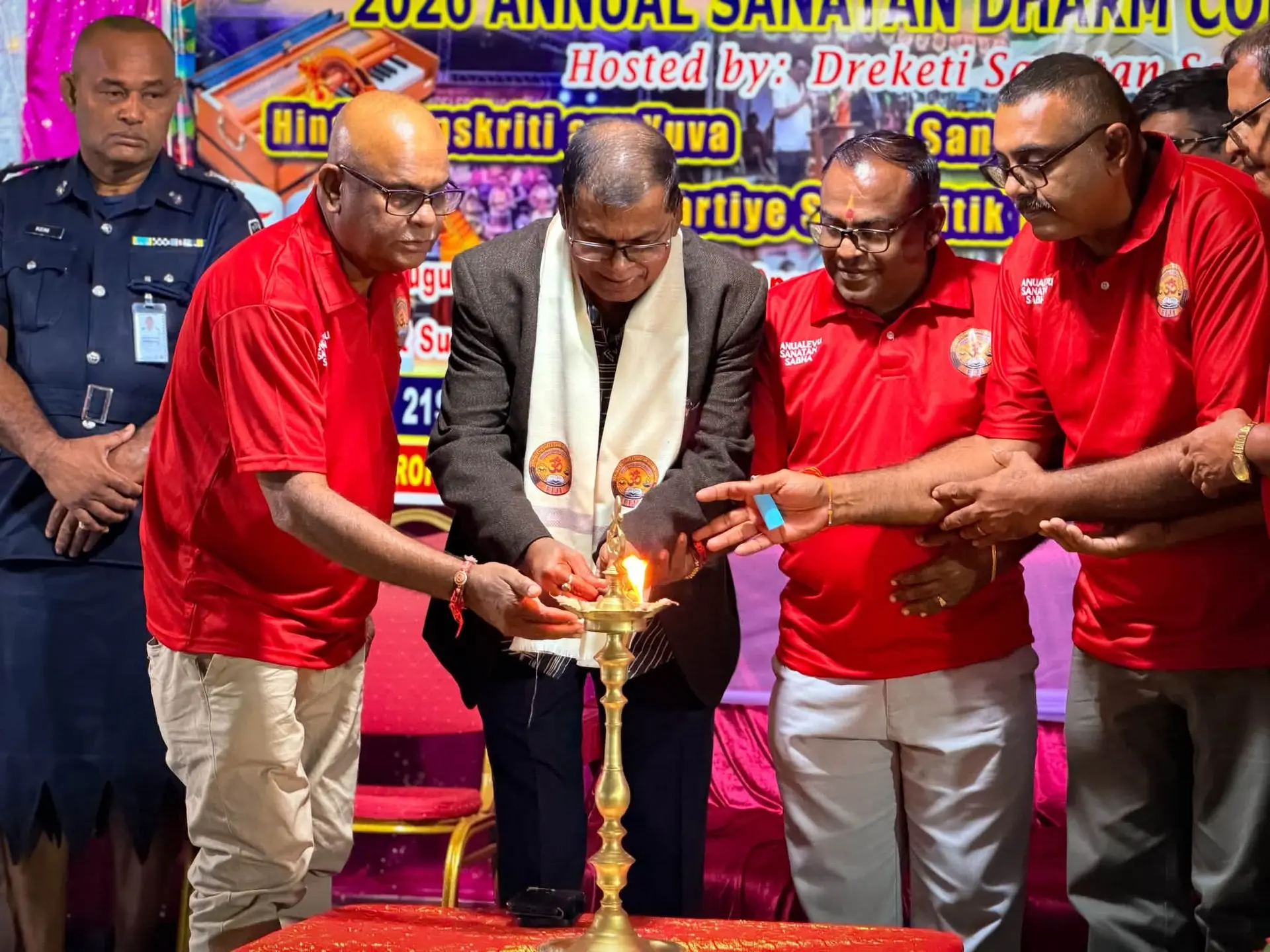 National Federation Party leader Biman Prasad (centre) with Vanua Levu Shree Sanatan Dharm Sabha Fiji president Vinesh Prakash and community members after opening the third Annual Convention of the Vanua Levu Shree Sanatan Dharm Sabha Fiji at Muanidevo Sanatan Primary School in Dreketi on August 24, 2026. Photo: NFP