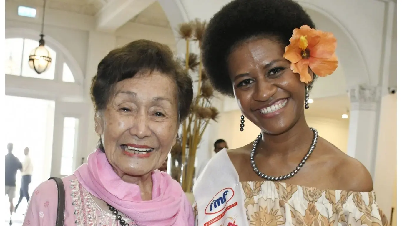 Miss Hibiscus 1958 Mary Nelson with 2026 FMF Hibiscus contestant Miss Suva City Council Salanieta Sekiseki at the Grand Pacific Hotel in Suva on September 3, 2026. 
