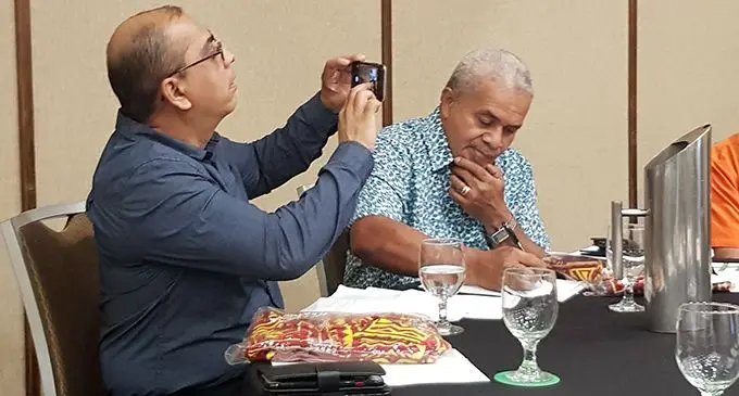 USP head of journalism Shailendra Singh takes a photo with Matai Akauola during the Fiji Sports Media symposium in Suva on April 23, 2019.