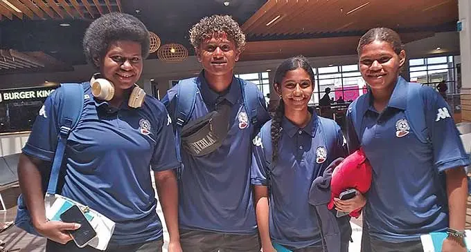Digicel Fiji women’s football players (left-right) Seruwaia Vasuitoga, Angeline Rekha, Preeya Singh and Anasimeci Volitikoro at Nadi International Airport on February 5, 2024. Photo: Waisea Nasokia