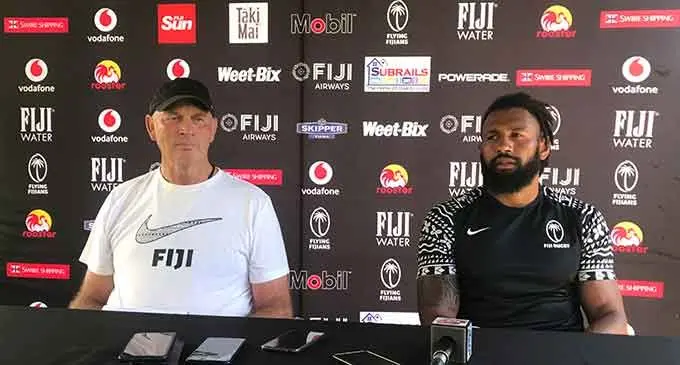 Vodafone Flying Fijians head coach Vern Cotter (left) and captain Waisea Nayacalevu during the match-23 annoucement at the Tanoa International Hotel, Nadi on July 14, 2022. Photo: Waisea Nasokia
