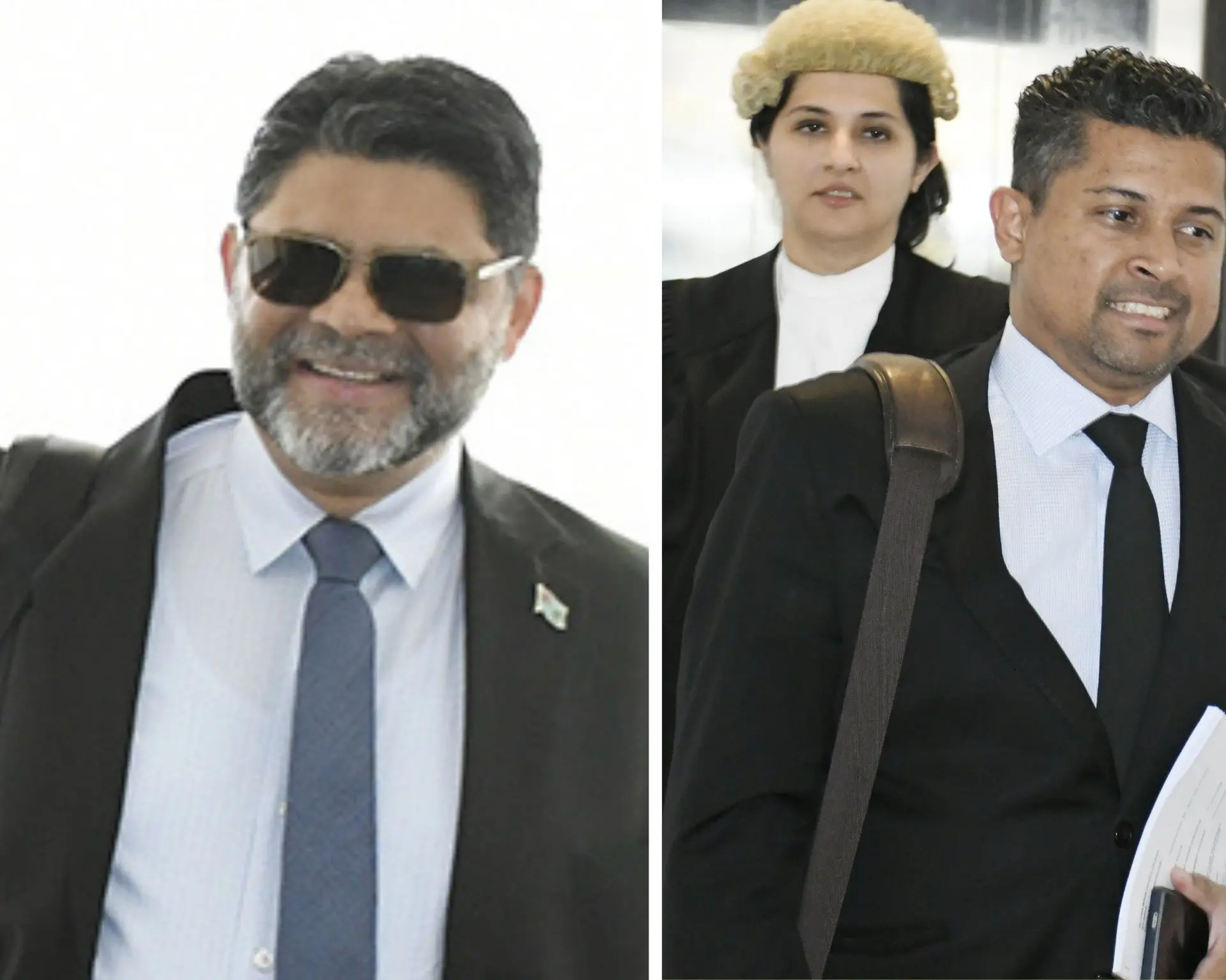 Former Attorney-General Aiyaz Sayed-Khaiyum and former Elections Supervisor Mohammed Saneen outside the High Court in Suva on September 30, 2025. 