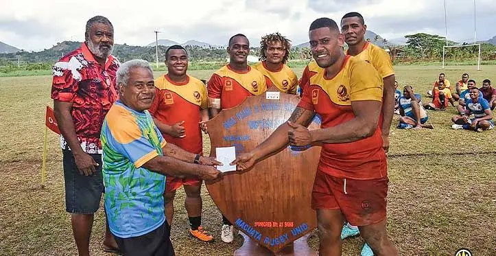 Fire rugby captain (right) receives the cheque and Katonivere Shield at All Saints Secondary School in Labasa on September 23, 2023. Photo: Sampras Anand