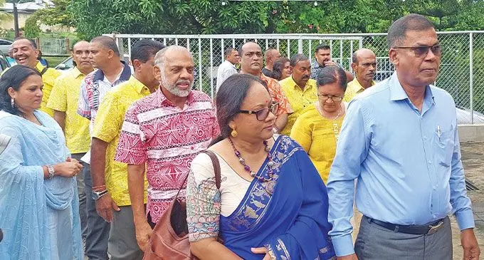 The Minister for Employment, Productivity and Industrial Relations Agni Deo Singh (sixth from left) and the Deputy Prime Minister and Minister for Finance Biman Prasad arrive at the Kshatriya hall in Ba for the 61st Shree Sanatan Dharm Pratinidhi Sabha Fiji convention on April 7, 2023. Photo: Salote Qalubau