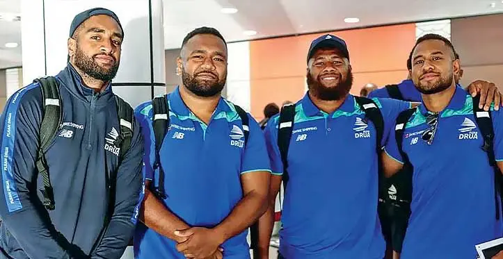 Swire Shipping Fijian Drua players (from left) Kemu Valetini, Jone Tiko, Jone Koroiduadua and Teti Tela before departing Nadi for Perth on May 9, 2023. The Drua will take on Western Force on Friday. Photo: Fijian Drua Media