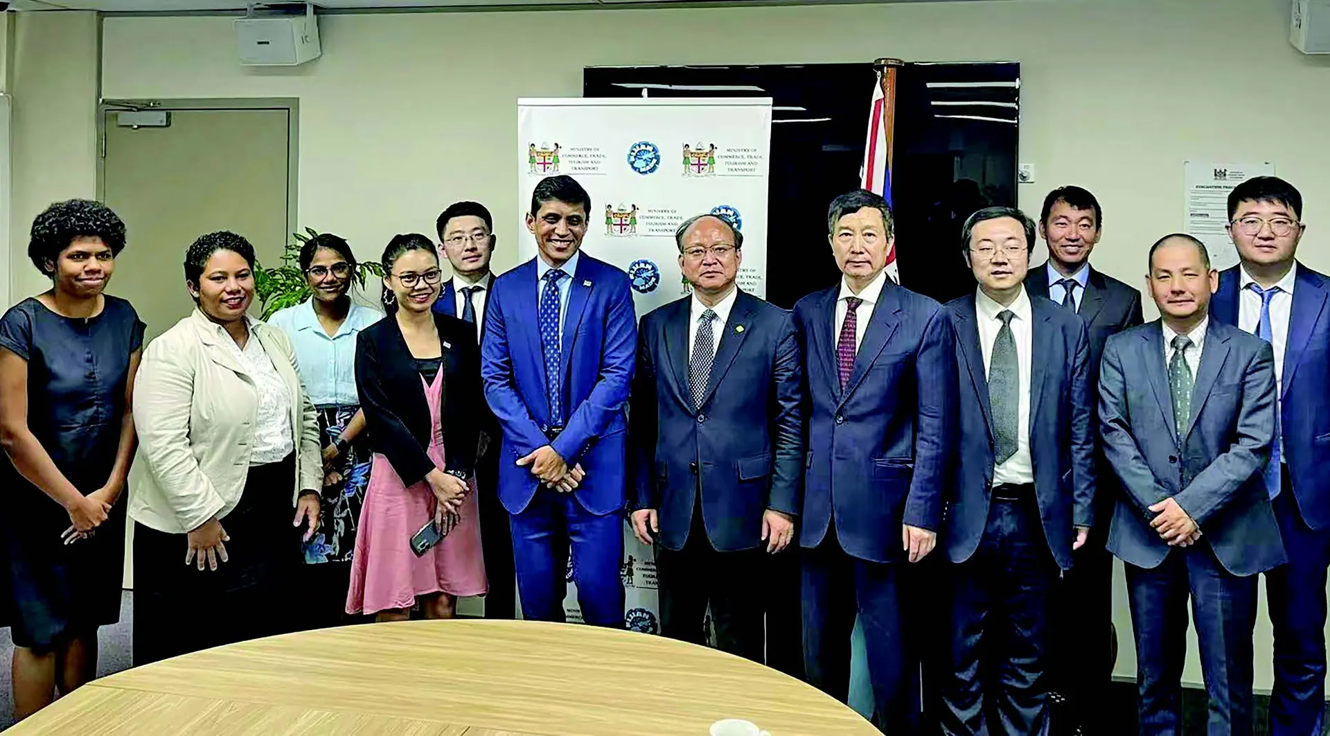 Sixth from left: Ministry of Trade, Cooperatives, Small and Medium Enterprises Permanent Secretary Shaheen Ali, China Council for the Promotion of International Trade(CCPIT) vice chairman Chen Jianan with his team from China and Ministry’s staff members during the meeting on February 22, 2023. Photo: Chinese Embassy in Fiji.