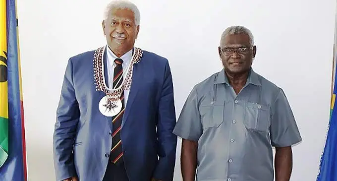 President of the Congress of New Caledonia, Roch Wamytan with Prime Minister Manasseh Sogavare.