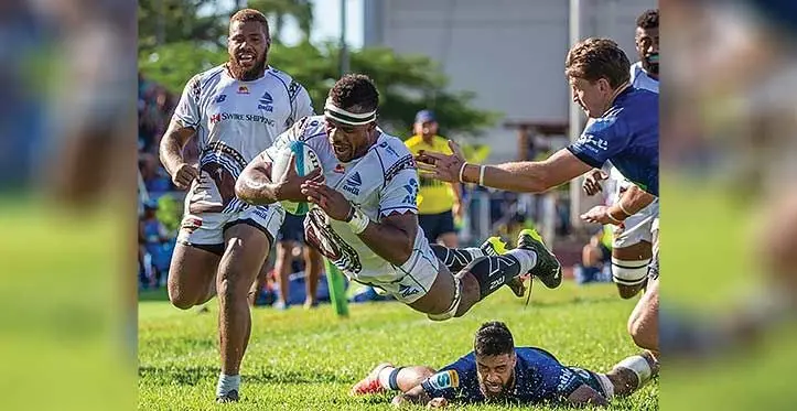 Swire Shipping Fijian Drua no#8 Elia Canakaivata dives over for a try against the Blues last weekend at Lautoka's Churchill Park. Drua lost 14-30. Photo: Leon Lord