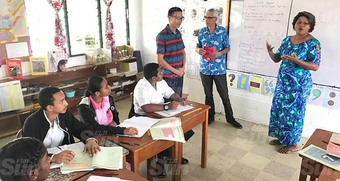Standing from left: Chinese Embassy’s director of political division Li Jiabing with director for Gospel School for the Deaf Russell Neate during a tour to the school on August 21, 2020. Photo: Inoke Rabonu