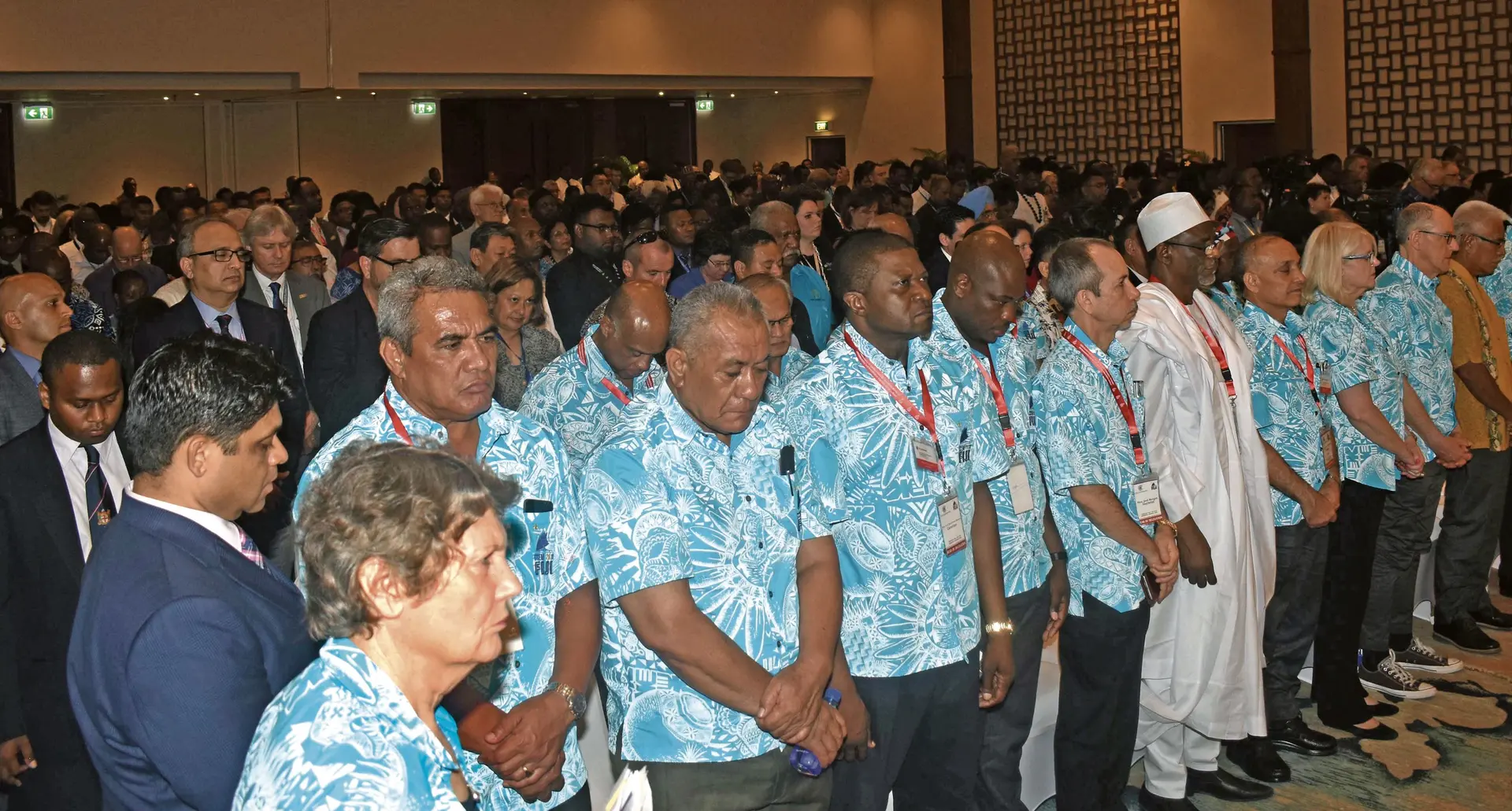 Former New Zealand Prime Minister Helen Clark with Attorney-General and Minister for Education Aiyaz Sayed-Khaiyum and other delegates, observe a moment of silence for Cyclone Winston victims during the opening ceremony of the Commonwealth Education Ministers Conference at the Sheraton Fiji Resort on February 20, 2018. Prime Minister Voreqe Bainimarama called for the moment of silence and also remembered those affected by Cyclone Gita. Photo: Waisea Nasokia