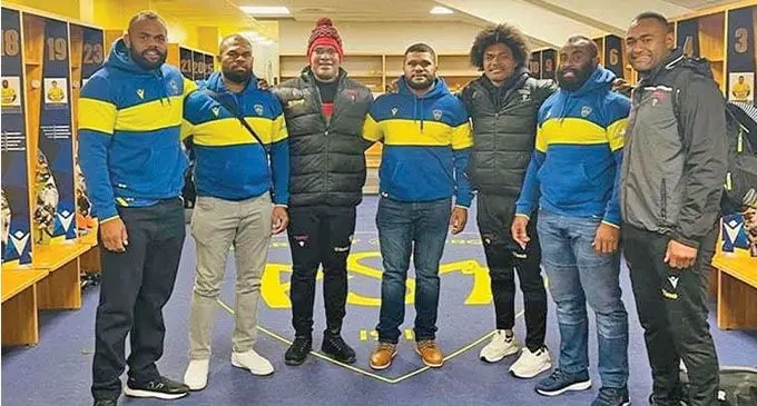 Fijian players playing for Clermont and Biarritz pose for a photo after their Top 14 clash on December 4, 2021. From left: Peceli Yato (Clermont), Alivereti Raka (Clermont), Johnny Dyer (Biarritz), Apisai Naqalevu (Clermont), Henry Speight (Biarritz), Peni Ravai (Clermont), Tevita Kuridrani (Biarritz). Clermont won 39-14. Photo: Clermont Rugby