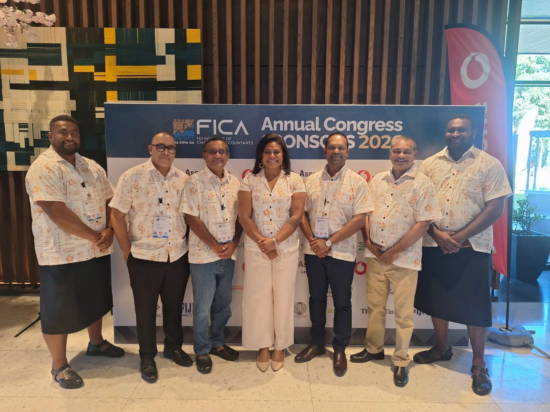  (L-R) Water Authority of Fiji chief executive officer Seru Soderberg, Fijivillage News director Vijay Narayan, Fiji Institute of Chartered Accountants (FICA) council member Rajeshwar Singh, Patricia Naisara, Fiji Institute of Chartered Accountants (FICA) president Sharvek Naidu, Mai TV director Stanley Simpson, Director Works Alipate Mataivilia at the FICA Annual Congress 2026 in Nadi. Photo: Katherine Naidu.