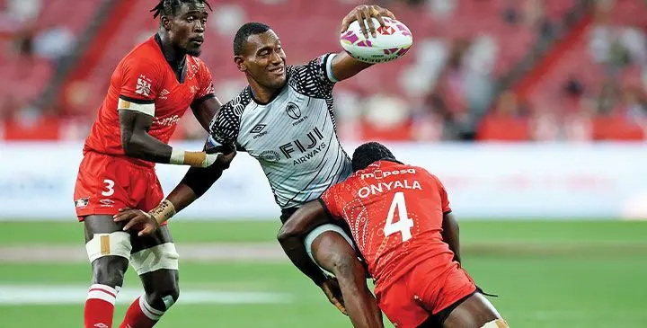 Fiji Airways Fiji men’s rugby sevens forward Joseva Talacolo ready to off-load against Kenya in the Cup final of the Singapore Sevens on April 6, 2025. He set-up two of Fiji’s three tries in their 21-12 win. Photo: AFP