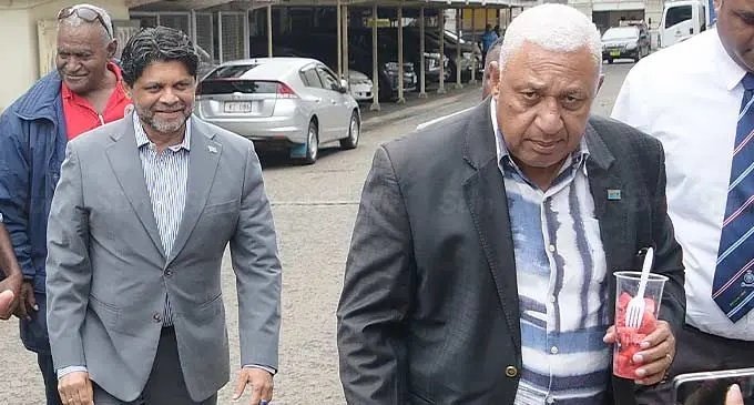 Former Attorney- General, Aiyaz Sayed-Khaiyum and  former Prime Minister, Voreqe Bainimarama outside the Suva’s Magistrate on February 7, 2024. Photo: Ronald Kumar