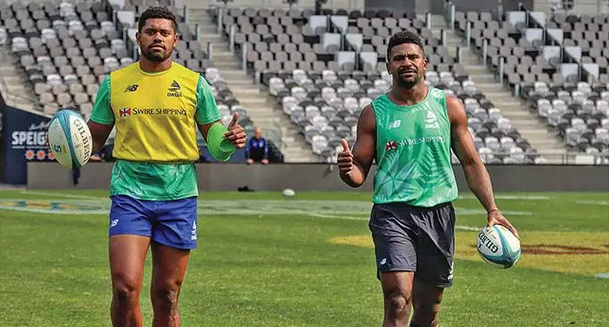 Swire Shipping Fijian Drua reps Ilaitia Droasese (left) and Kalaveti Ravouvou. Photo: Fijian Drua