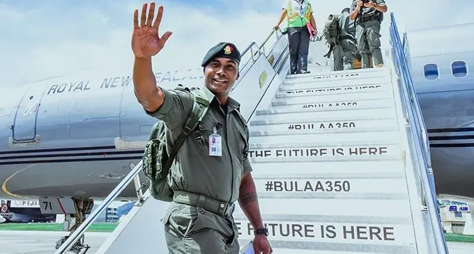 AUSTRALIA, HERE THEY COME... Republic of Fiji Military Forces engineering contingent members board a Royal New Zealand Air Force Boeing 757 at the Nadi International Airport on January 18, 2020. They left to help Australia fight its deadly bushfires.  Photo: Australian High Commission