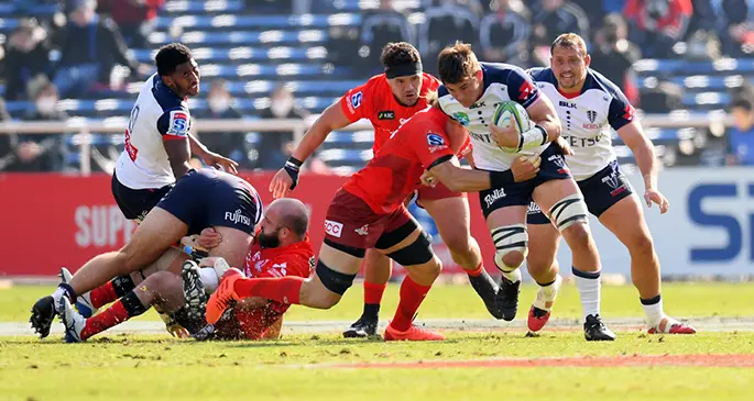 Melbourne Rebels halfback Frank Lomani (left) as they go on attack against Sunwolves in their Super Rugby opener at Fukuoka, Japan on February 1, 2020. Photo: Fox Sports