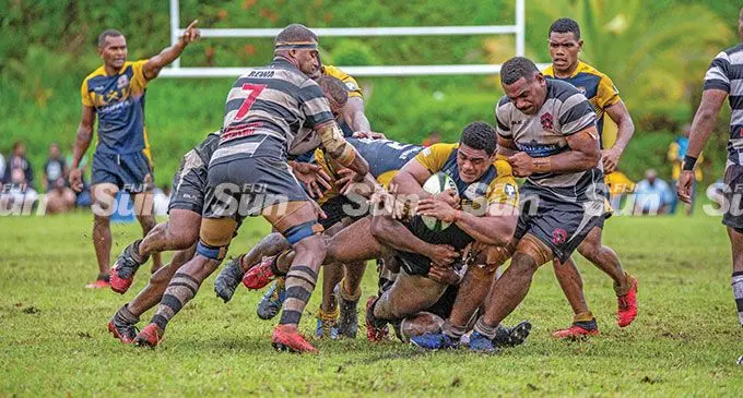 Northland prop Immanuel Naciva leads a forward rush against Rewa at Gatward Park, Korovou, Tailevu North, on March 19, 2022. Northland won 13-10. Photo: Leon Lord.