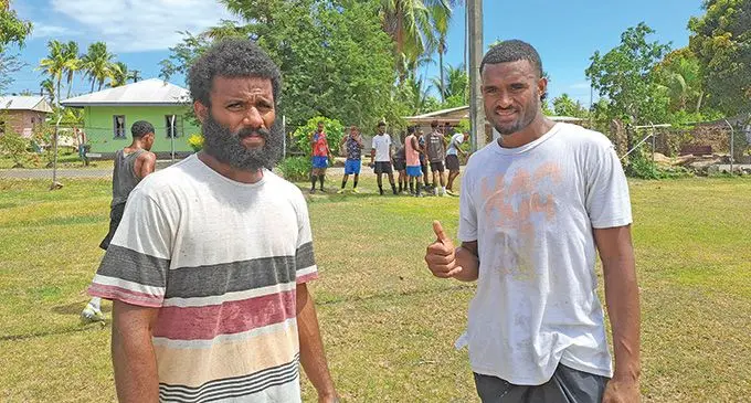 Brothers (from left) Luke Savu and Thomas Osborne train with the Ba football team at Nailaga Village in Ba on October 4, 2022. Their dad and former star Ba and national striker Taito Bula passed away early this year. Photo: Waisea Nasokia
