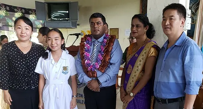 From left: Dr Uyanga Enebish (mother), Namundri Tugsjargal (head girl), Dhamendra Dayal (Senior Education Officer Bua/Macuata), Anjleen Raj (Principal) and Dr Tugsjargal Gaaabai (father)