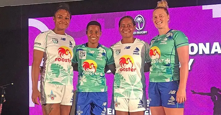 Rooster Chicken Fijiana Drua squad members {from left) Asinate Serevi, Evivi Senikarivi, Vani Arei and Jade Coates during the launch of the team's new jersey and sports outfit at the R.B Patel Harbour Point Convention Centre in Lami on March 8, 2023. Photo: Sereana Salato