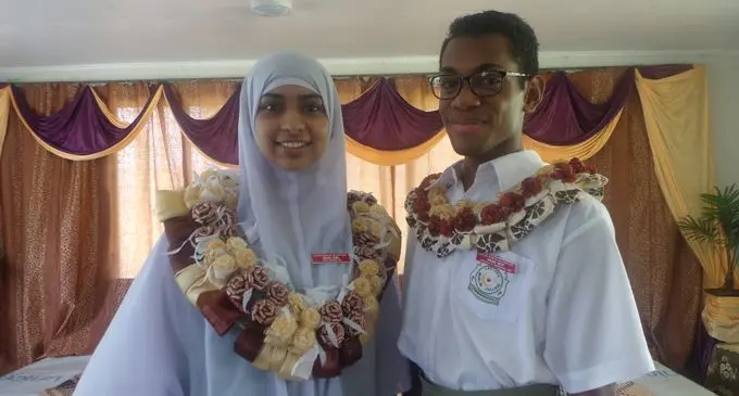Lautoka Muslim College headgirl Faiza Nazhat Ali and headboy Varinava Bola at the school on February 8, 2018. Photo: Shratika Naidu