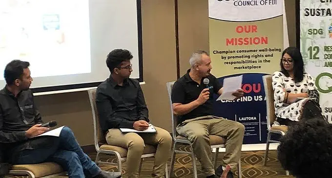 From left: Moderator, Ministry of Economy senior ocean officer Izhaar Ali, US Embassy Youth Council, Maanvik Goundar, Nutrition Specialist , Pradiunma Dahal, and Consumer Council CEO Seema Shandil during a panel discussion on October 20, 2022. Photo: Josefa Babitu