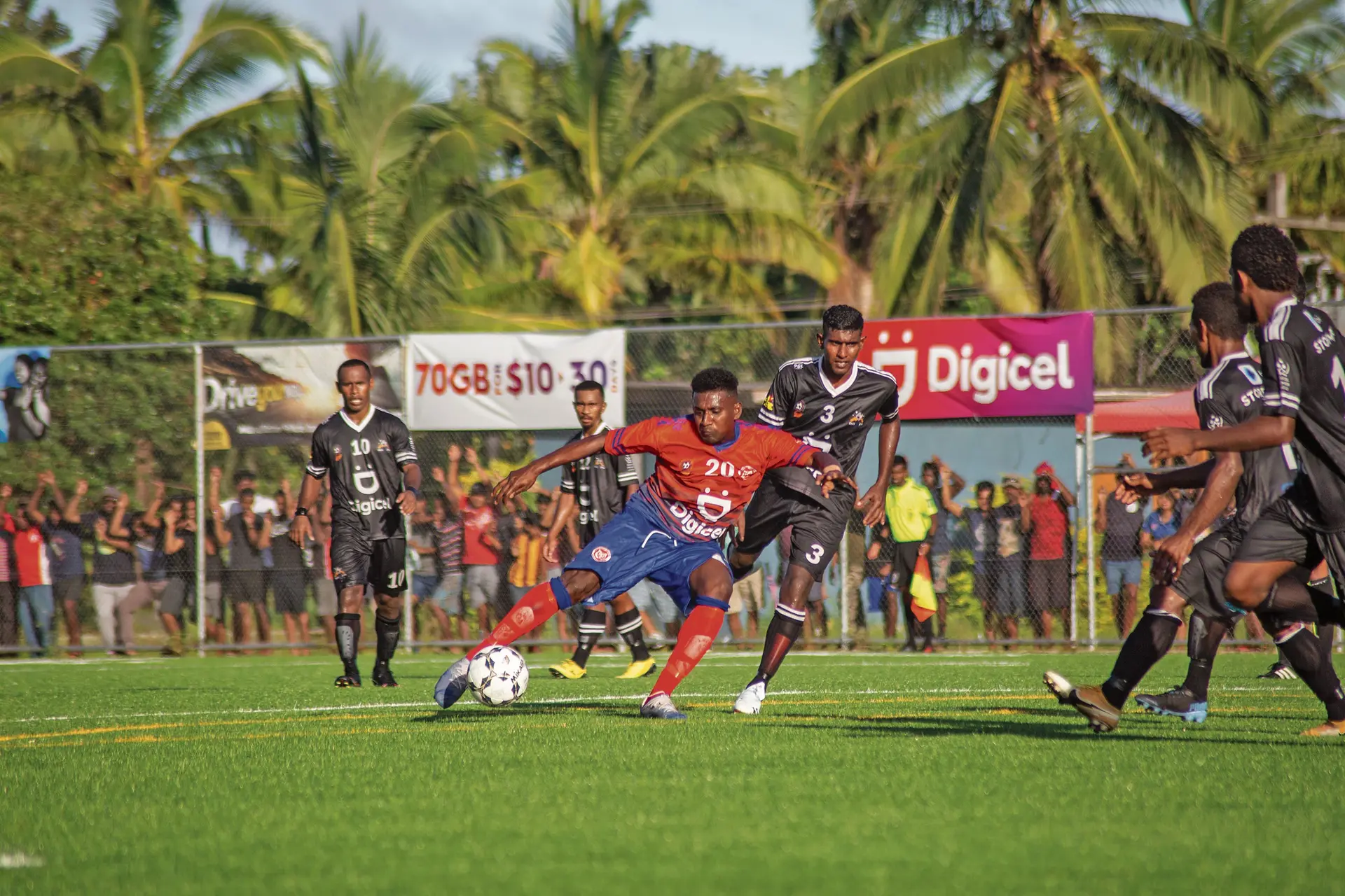 Navua midfielder Alfred Tahir Ali makes an attempt as the Ba defenders close in during their Digicel Premier League clash on April 11, 2021. Photo: Leon Lord