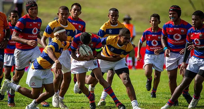 Action from the Under-14 finals between Ratu Kadavulevu School and Marist Brothers High School during the Vodafone Deans Trophy finals at Churchill Park, Lautoka, this morning. Photo: Leon Lord