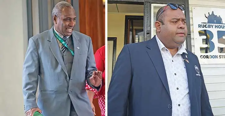 Siromi Turaga , the Minister for Justice and Attorney-General and Fiji Rugby Union interim administrator, Simione Valenitabua.
