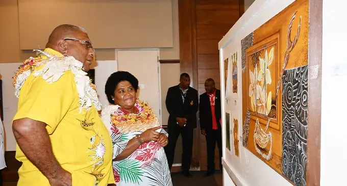 President Ratu Wiliame Maivalili Katonivere, admires art pieces on display at the Grand Pacific Hotel, Suva. The art pieces were launched as part of the Fiji Corrections Service exhibition on December 15, 2022. Photos: DEFPTO News