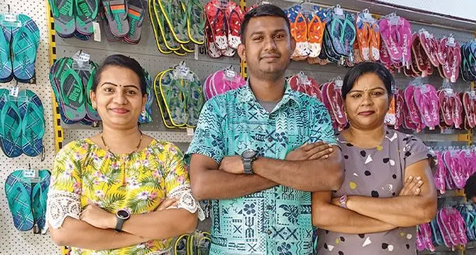 Staff of Footwear Factory Outlet in Labasa (from left), Shayal Chand, Davnesh Nand and Rohini Lata, on August 15, 2023. Photo: Shratika Naidu