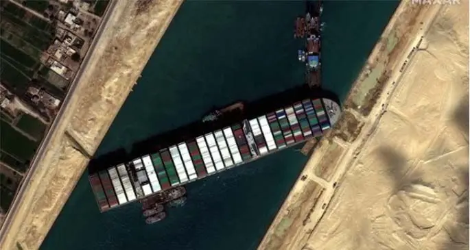 An aerial view of the container ship Ever Given that was stranded at the Egypt Suez Canal last week.