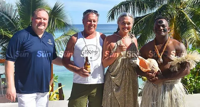 Resort manager Mitchell Goff, Tony and Virginia Talei Russell Jones with Kalivero Satala at the Sheraton Resort and Spa, Tokoriki Island on May 24, 2022.