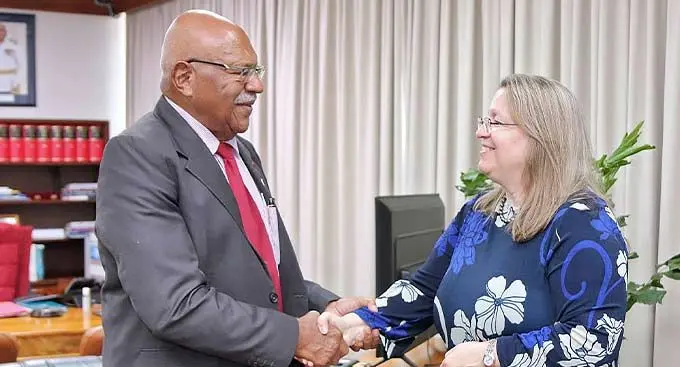 Prime Minister Sitiveni Rabuka and the Ambassador of the United States of America to Fiji Her Excellency Marie Damour.