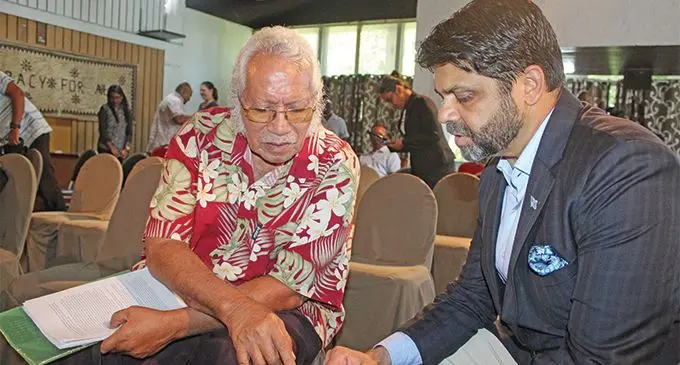 From left: Taniela Tabu with the Attor- ney-General and Minister for Economy Aiyaz Sayed-Khaiyum after the budget consultation at JJ’s on the Park in Suva on March 16,2019. Photo: Simione Haravanua 