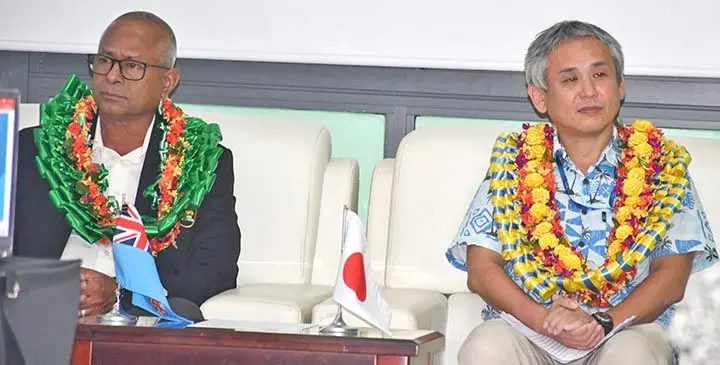 Acting director Fiji Meteorology Services Harish Pratap (left), with JICA Fiji office deputy resident representative, Kentaro Suekaneon (right), on May 20, 2025. Photo: Waisea Nasokia
